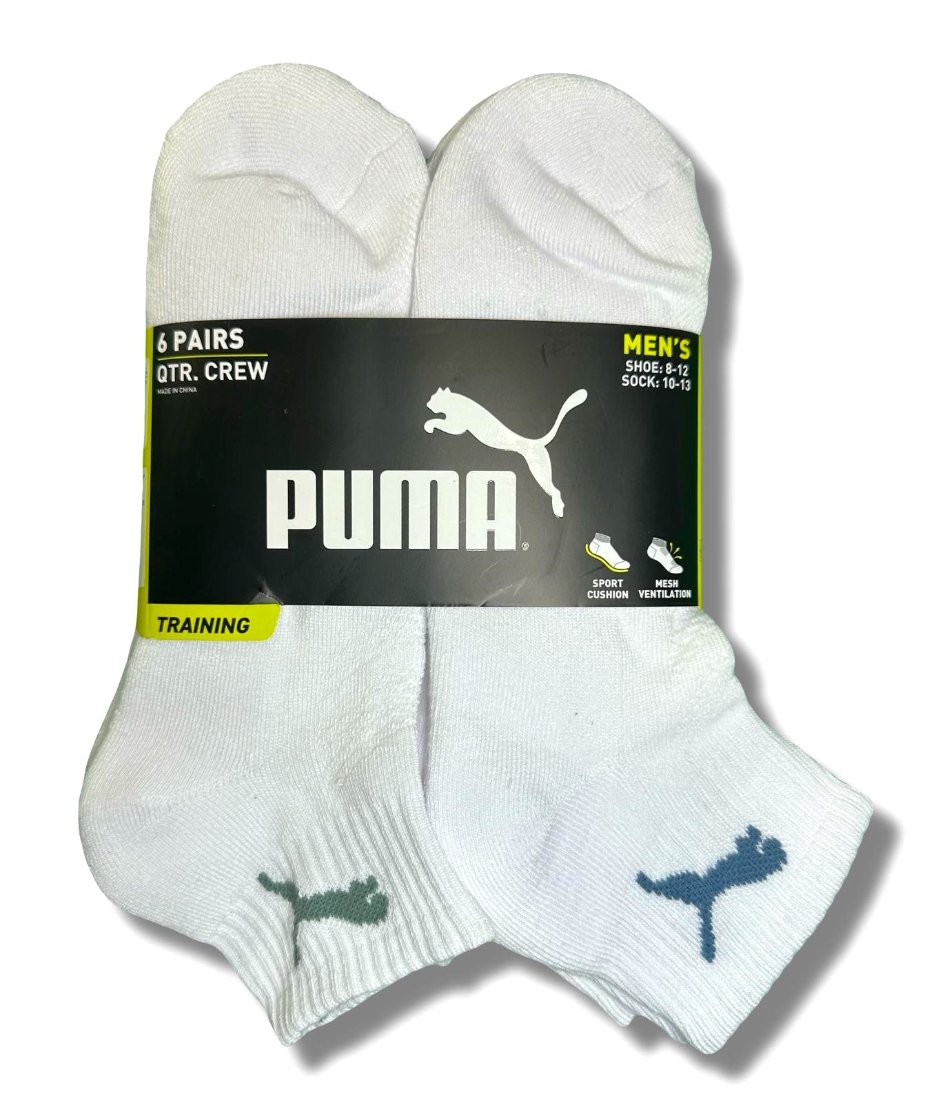 PUMA SOCKS MEN'S - QUARTER CUT - FERN 253 - WHITE w GREEN - LARGE PACK 6 XX