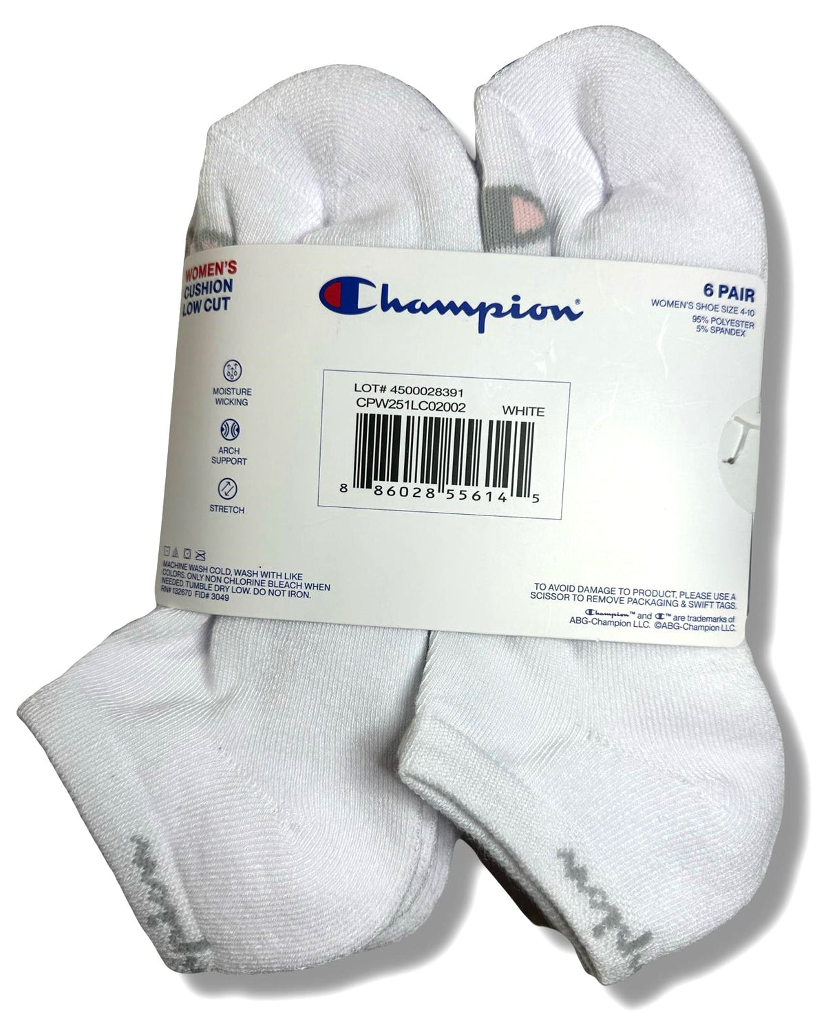 CHAMPION SOCKS WOMEN'S - LOW CUT - 253 WHITE WHITE - SHOE SZ 5-9 PACK 6
