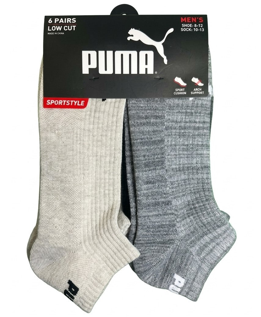 PUMA SOCKS MEN'S - LOW CUT - RIBBED 263 - GREYS CREAM - LARGE (10-13) PACK 6 XX