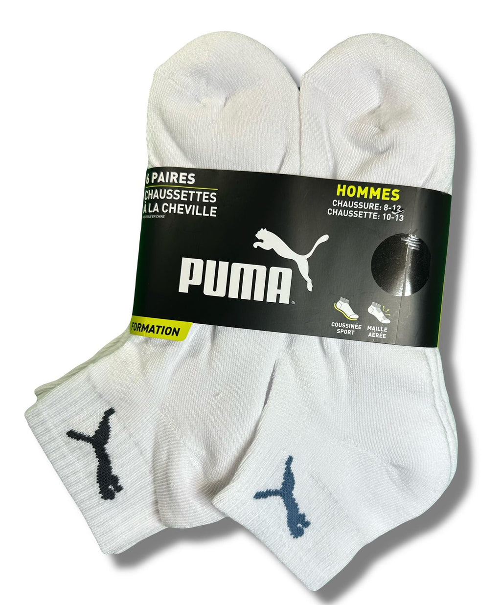 PUMA SOCKS MEN'S - QUARTER CUT - FERN 253 - WHITE w GREEN - LARGE PACK 6 XX