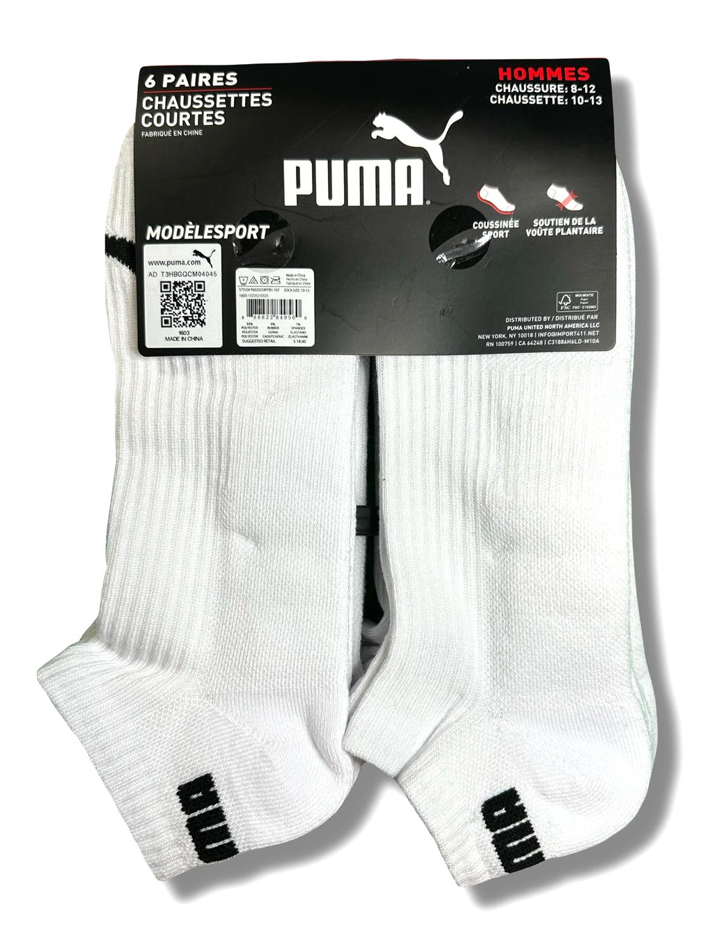 PUMA SOCKS MEN'S - LOW CUT - RIBBED 253 - WHITE - LARGE PACK 6 XX