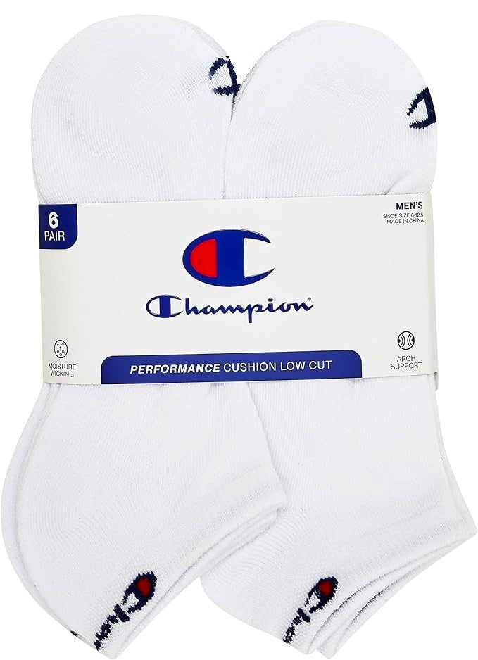 CHAMPION SOCKS MEN'S - LOW CUT - SOLID LOGO WHITE 253 FL- LARGE (6-12) PACK 6 XX