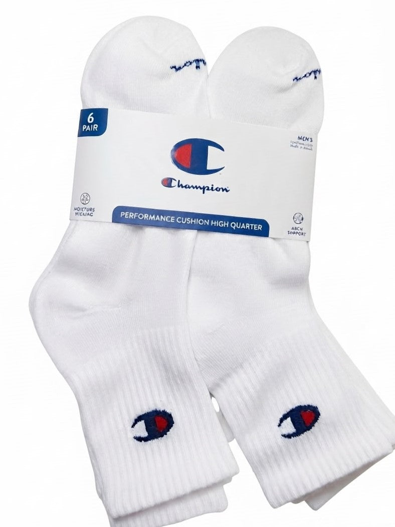 CHAMPION SOCKS MEN'S - HIGH QUARTER 263 - WHITE SOLID - LARGE (6-12) PACK 6 XX