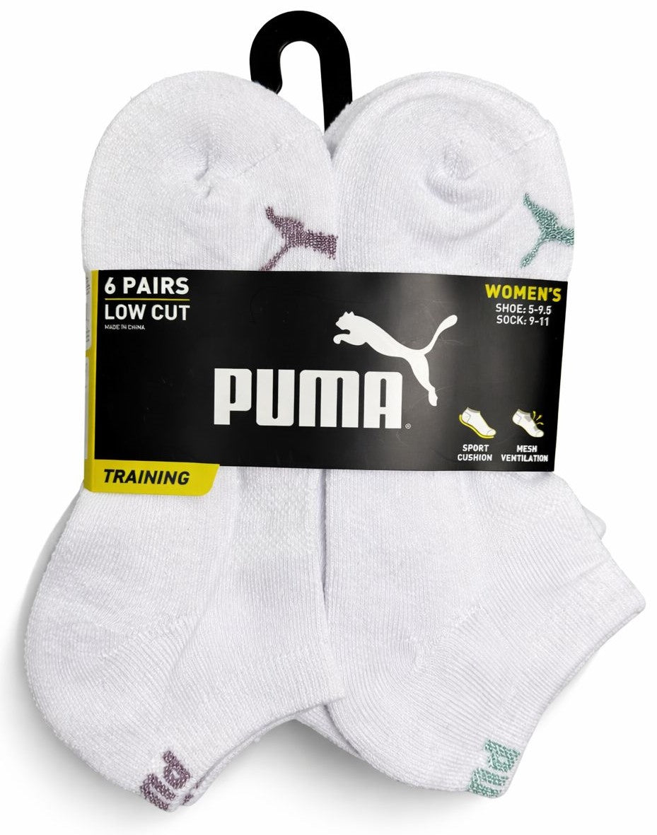 PUMA SOCKS WOMEN'S - LOW CUT 263 - FERN WHITE WINE - SHOE SZ 5-9.5 -PACK 6