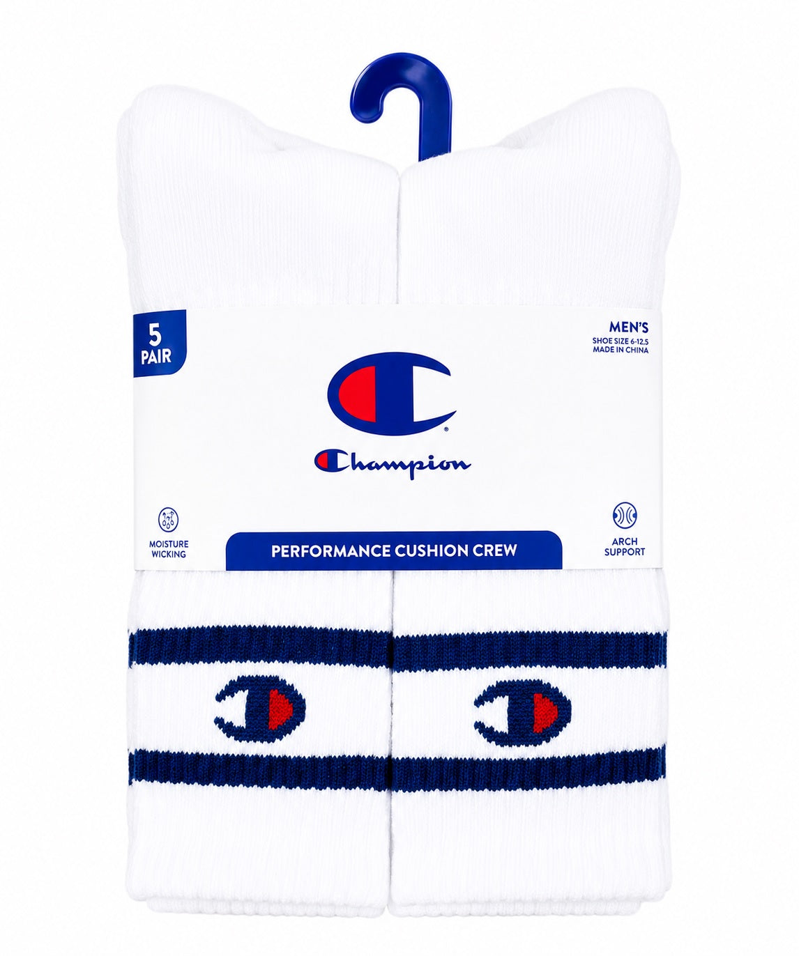 CHAMPION SOCKS MEN'S - CREW 263 - SOLID WHITE STRIPED - LARGE (6-12) PACK 5 XX