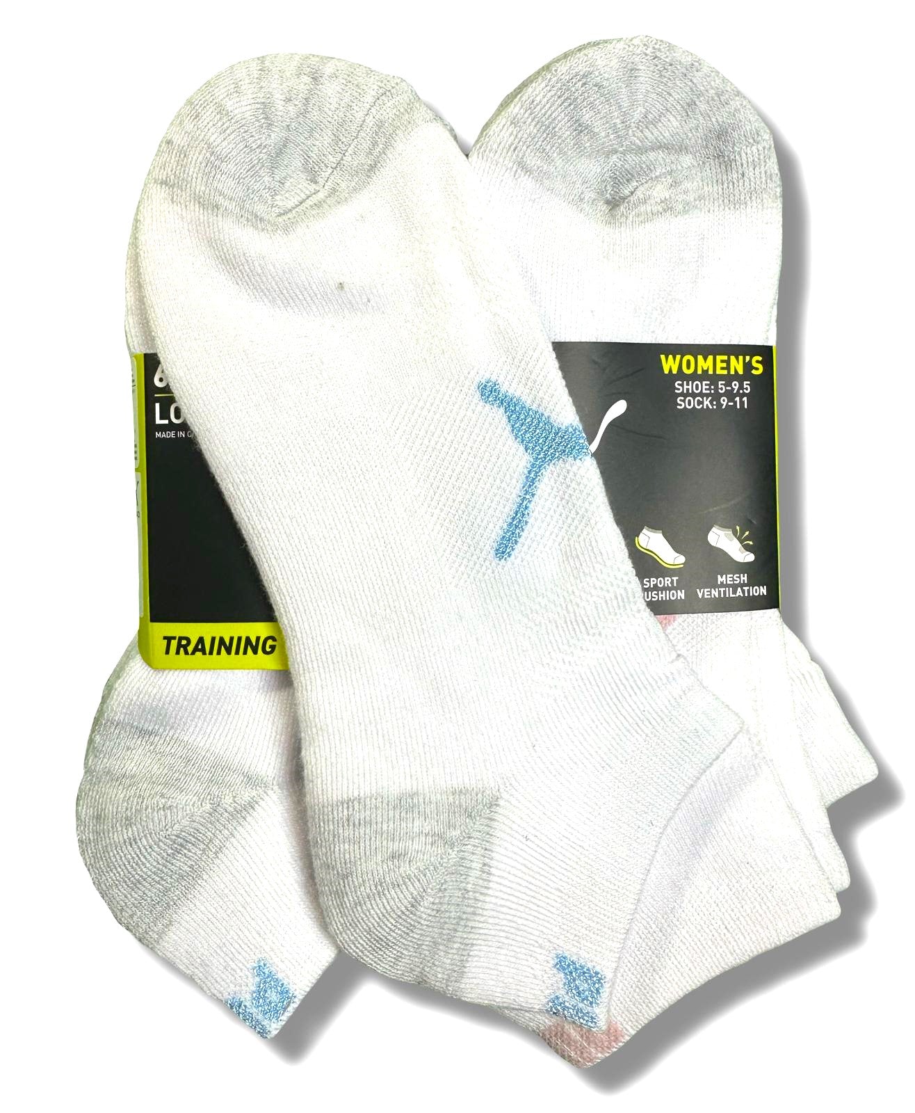 PUMA SOCKS WOMEN'S - LOW CUT 263 - FAYE - WHITE BLUE - SHOE SZ 5-9.5 -PACK 6