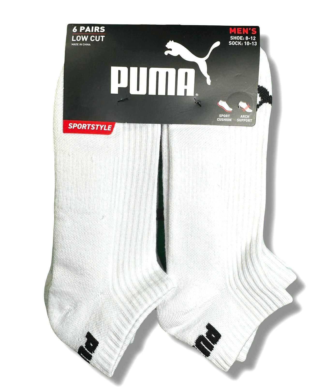 PUMA SOCKS MEN'S - LOW CUT - RIBBED 253 - WHITE - LARGE PACK 6 XX