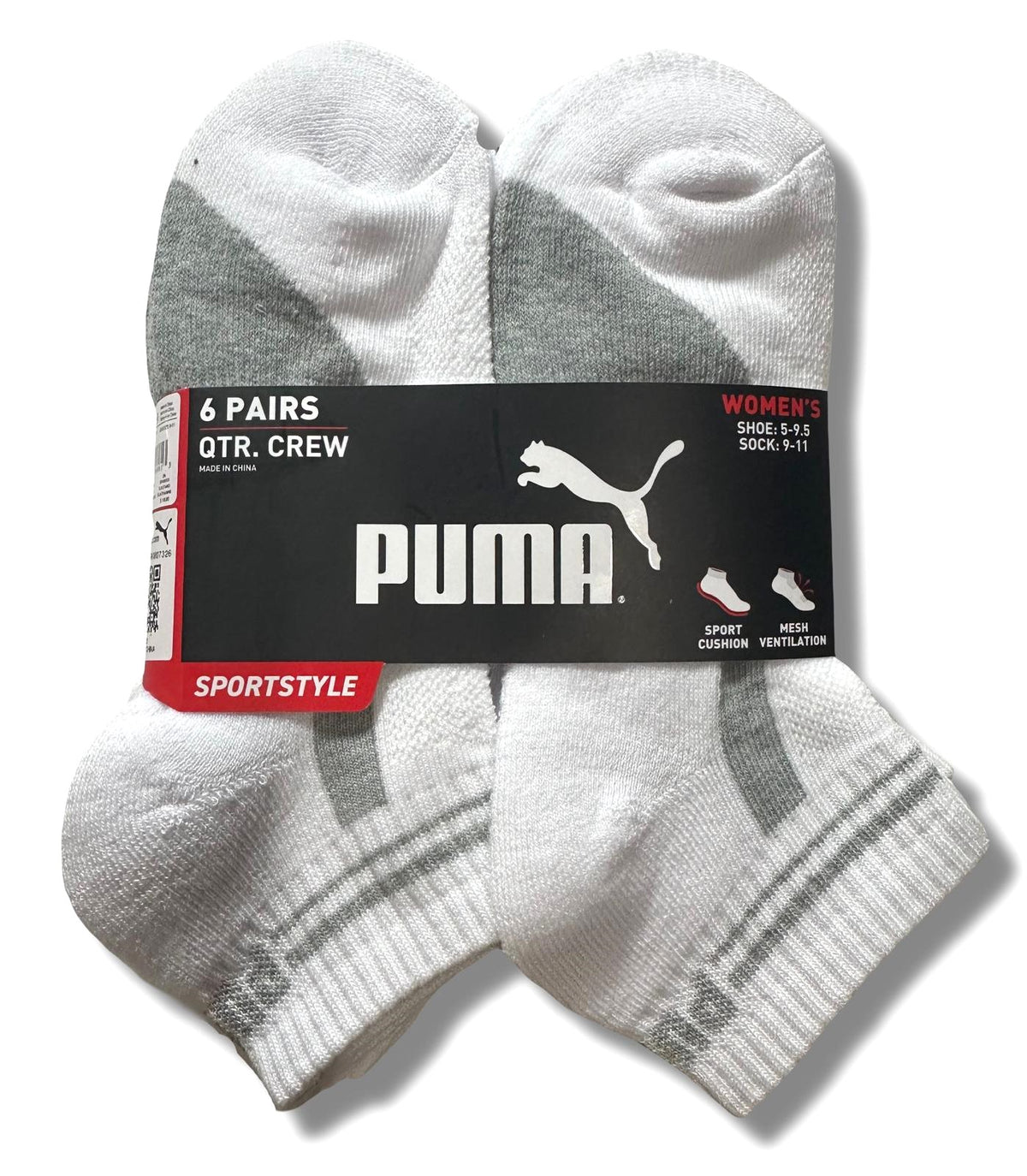 PUMA SOCKS WOMEN'S - QUARTER 243 - PIPE WHITE GREY - SHOE SZ 5-9.5 - PACK 6