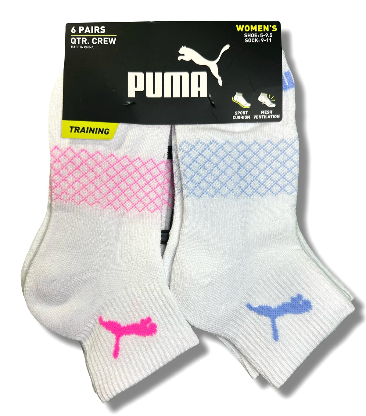 PUMA SOCKS WOMEN'S - QUARTER 253 - NET PINK BLUE - SHOE SZ 5-9.5 - PACK 6