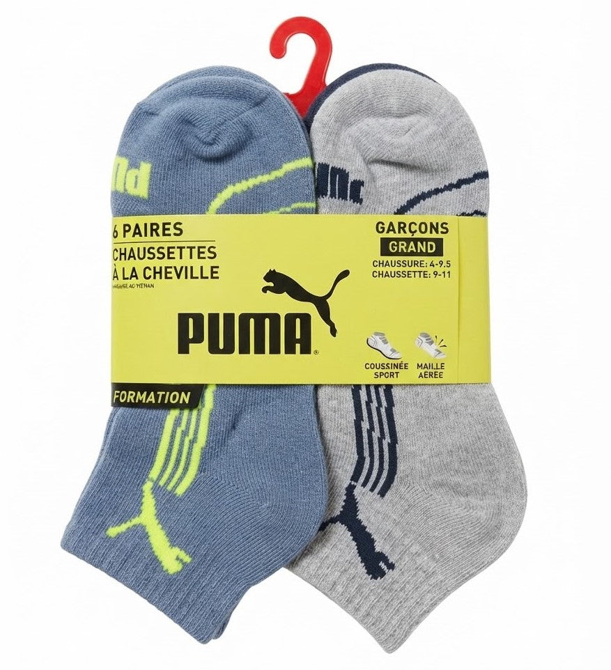 PUMA SOCKS BOYS X6 - QUARTER 263 - PIPE BLUE GREY SZ LARGE 4 9.5- 6 PACK