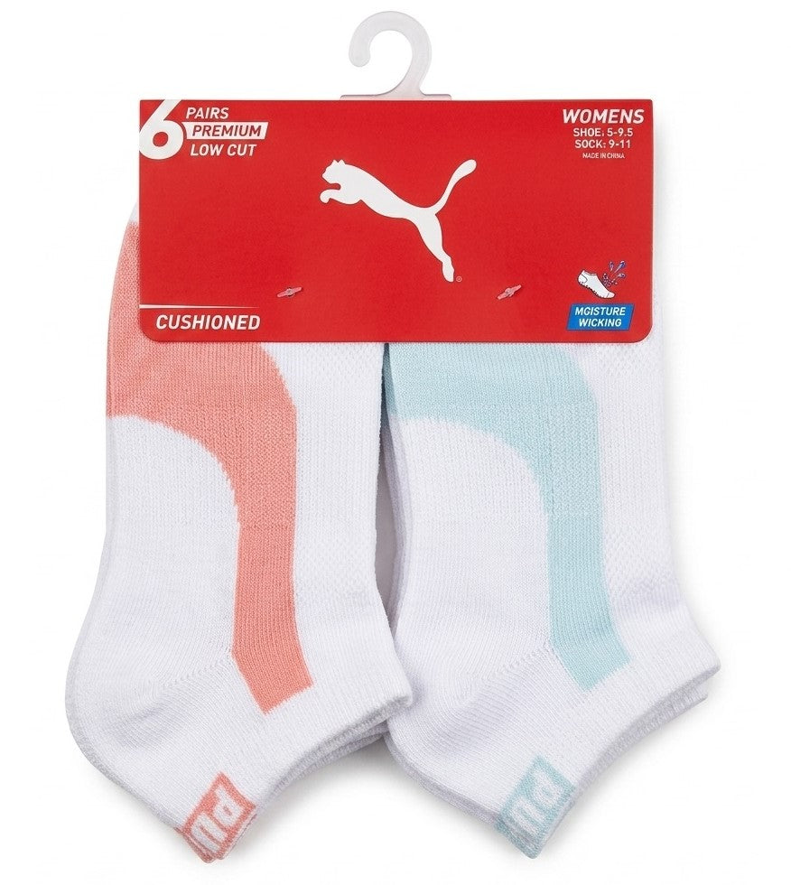 PUMA SOCKS WOMEN'S - LOW CUT 263 - PIPE PEACH LIGHT BLUE- SHOE SZ 5-9.5 - PACK 6