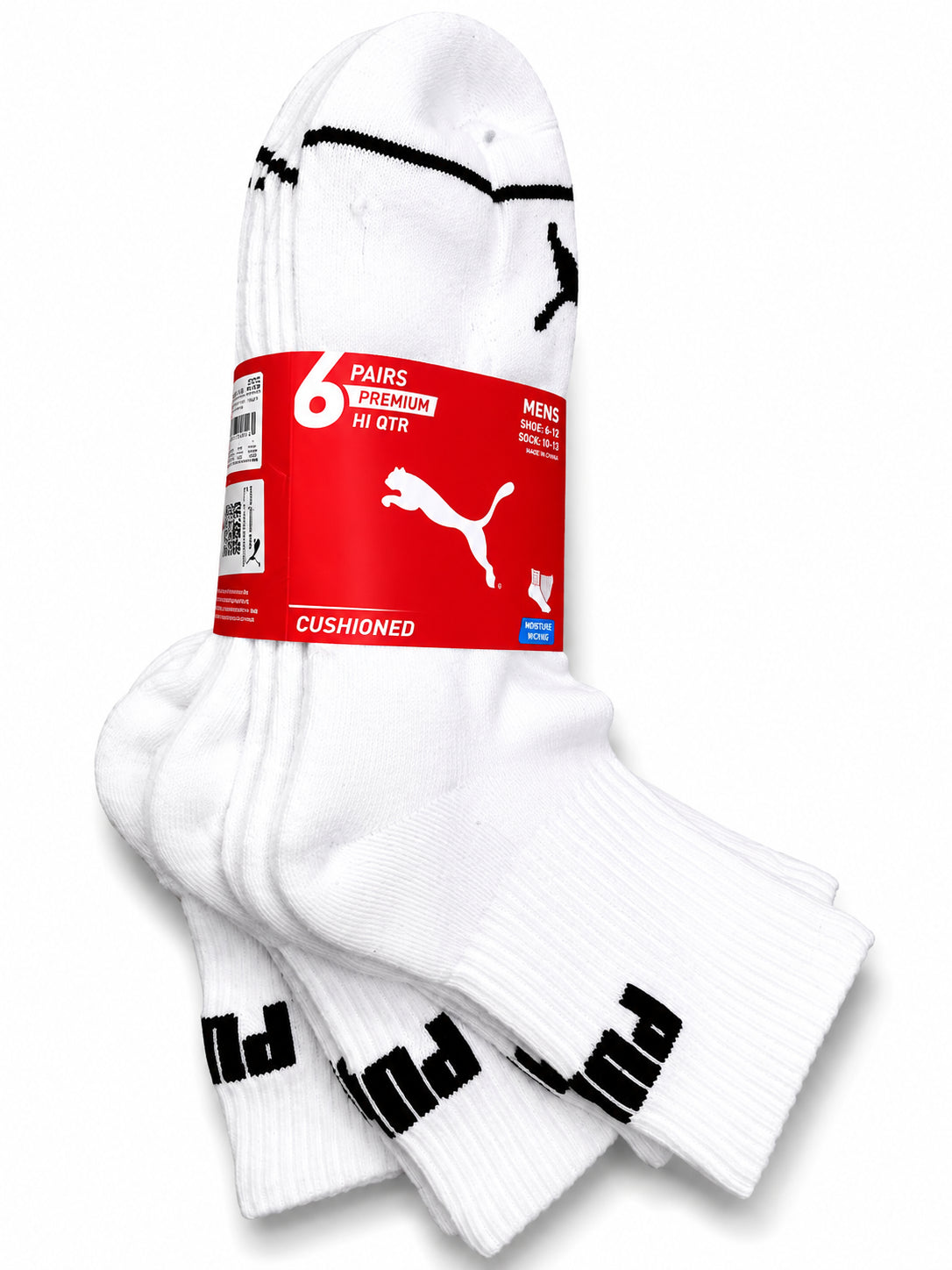 PUMA SOCKS MEN'S - HI QUARTER 263 - WHITE BLACK - LARGE (10-13)- PACK 6