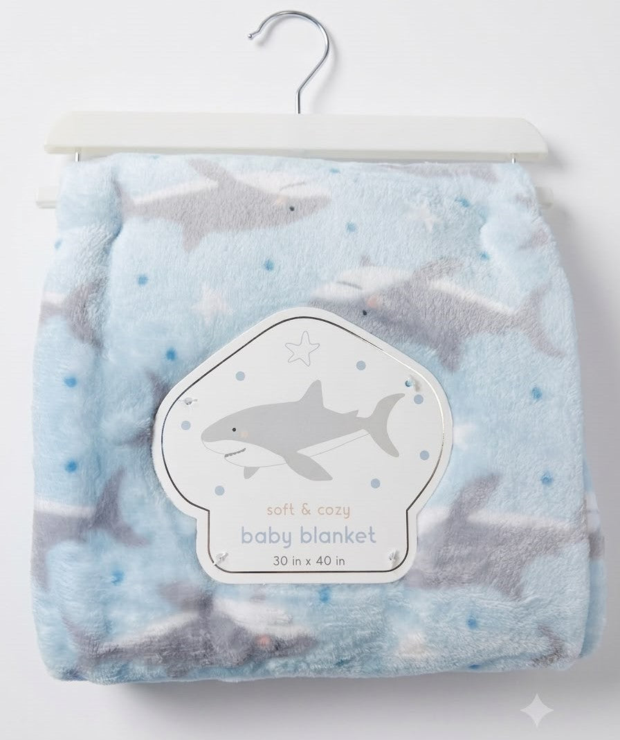 BLANKET PLUSH - SOFT COZY BOYS 263 - SHARKS BLUE- BABY TODDLER CRIB STROLLER BED