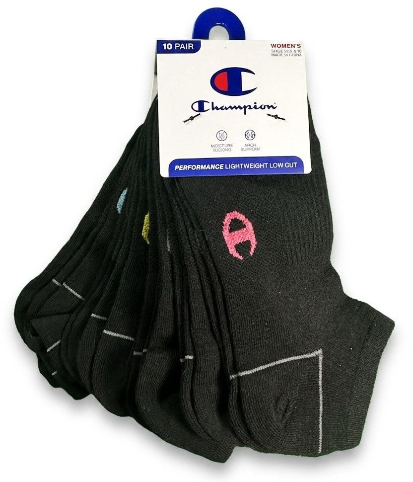 CHAMPION SOCKS WOMEN'S - LOW CUT - 263 BLACK LOGO - SHOE SZ 4-10 PACK 10