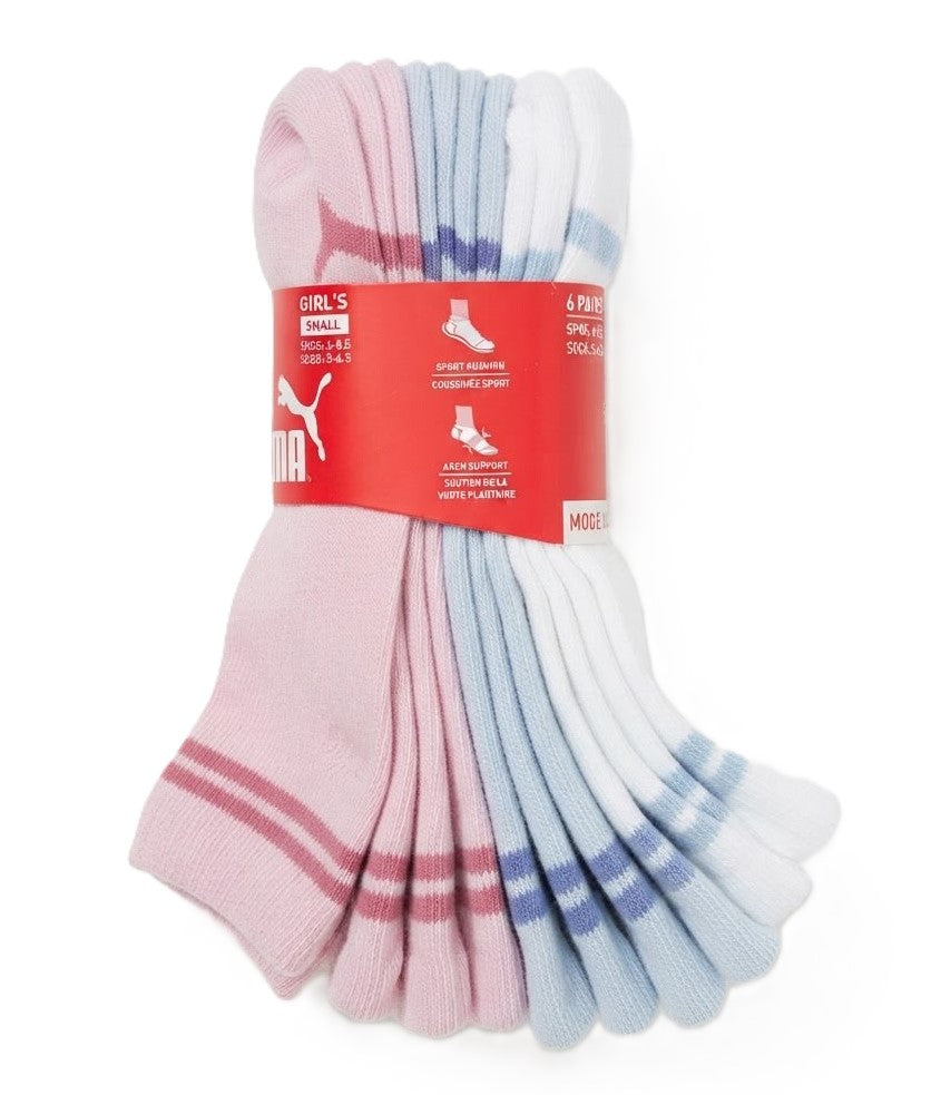 PUMA SOCKS GIRLS X6 - CREW CUT 263 - SOLID PINK BLUE WH- SMALL SHOE 4-8.5 6 PACK