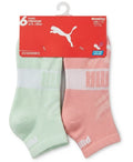 PUMA SOCKS WOMEN'S - QUARTER 263 - EDGE GREEN PEACH - SHOE SZ 5-9.5 - PACK 6