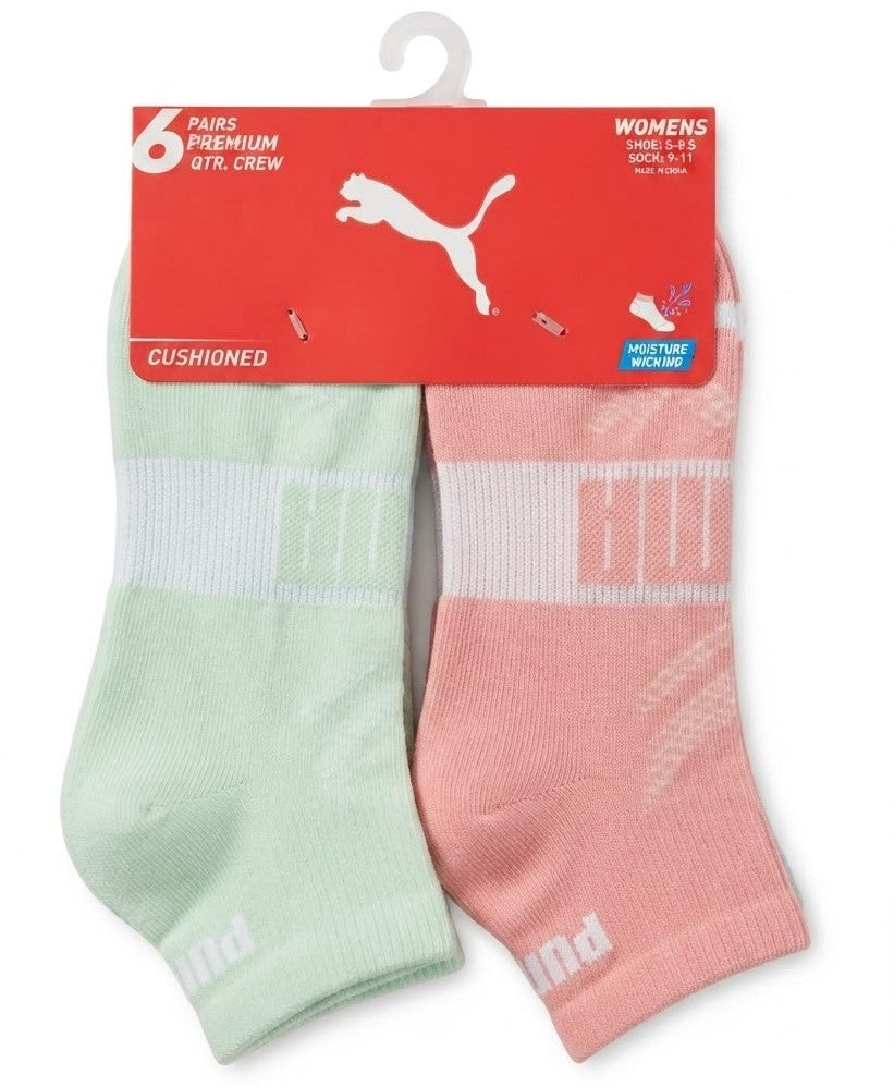 PUMA SOCKS WOMEN'S - QUARTER 263 - EDGE GREEN PEACH - SHOE SZ 5-9.5 - PACK 6