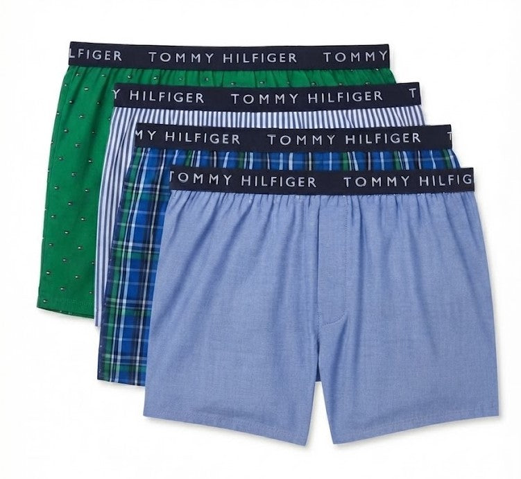 TOMMY HILFIGER MEN X4 - 263 ORBIT BLUE - LARGE 4 PACK WOVEN BOXER UNDERWEAR