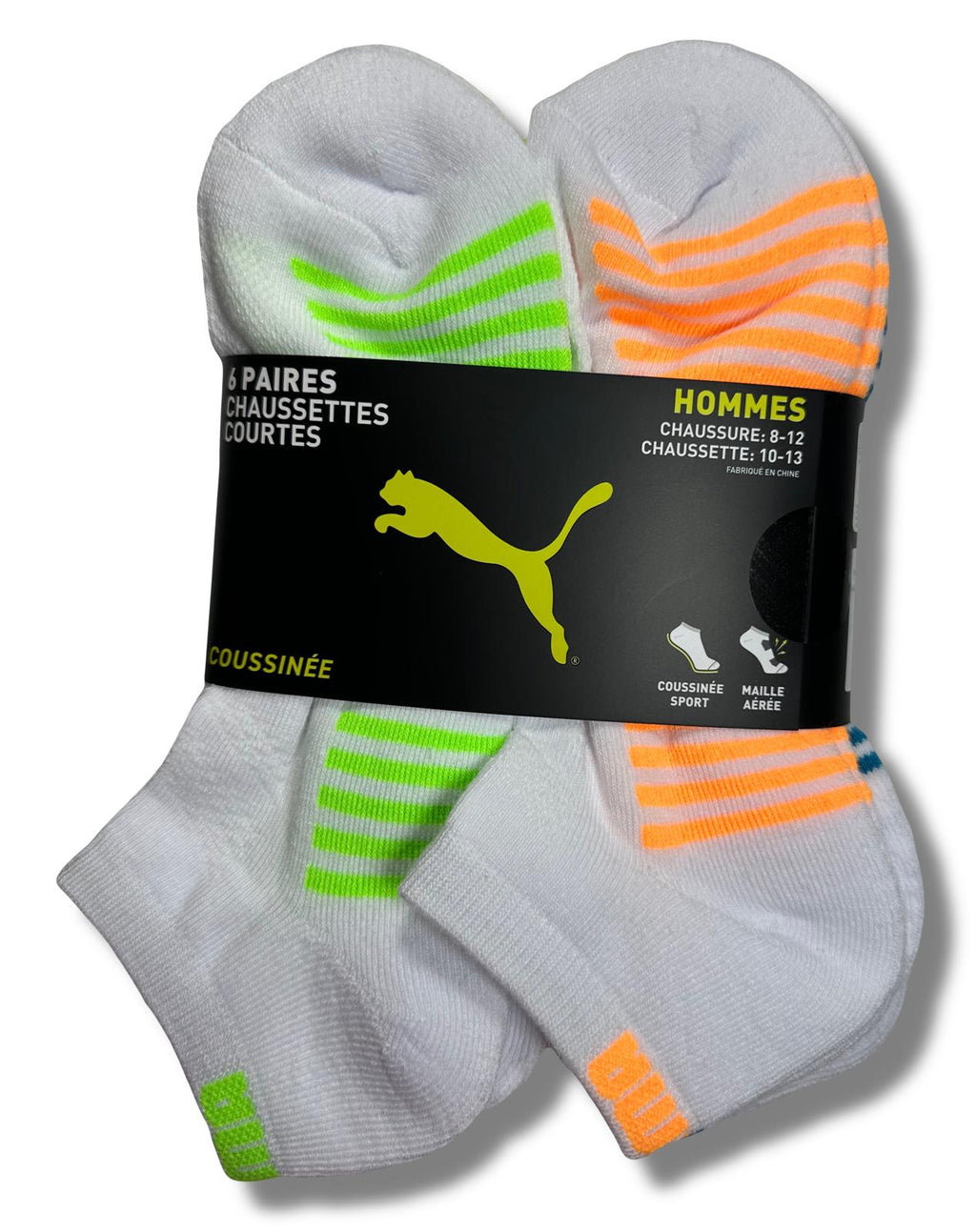 PUMA SOCKS MEN'S - LOW CUT - BLISS 253 - WHITE ORANGE - LARGE (10-13) PACK 6 XX