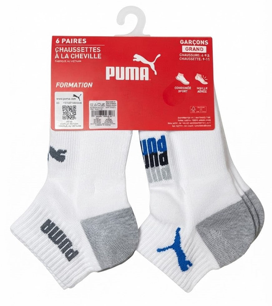 PUMA SOCKS BOYS X6 - QUARTER 263 - BILLY WHITE RED SZ LARGE 4-9.5 - 6 PACK