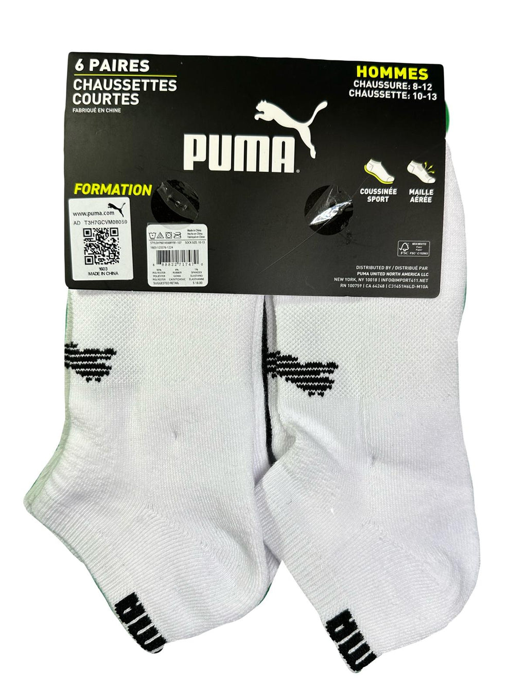 PUMA SOCKS MEN'S - LOW CUT - DUSK 253 - WHITE BLACK - LARGE PACK 6 XX