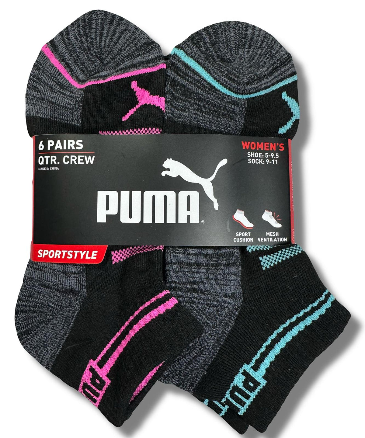 PUMA SOCKS WOMEN'S - QUARTER - GLEE 253 - BLACK CHARCOAL - SHOE SZ 5-9.5 -PACK 6