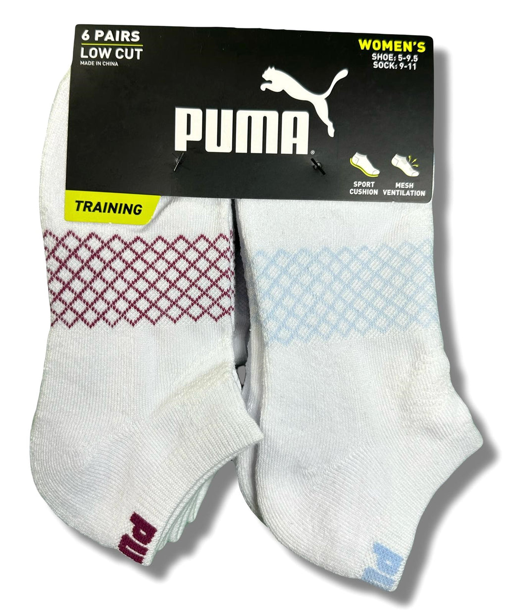 PUMA SOCKS WOMEN'S - LOW CUT 263 - NET - WHITE WINE - SHOE SZ 5-9.5 -PACK 6