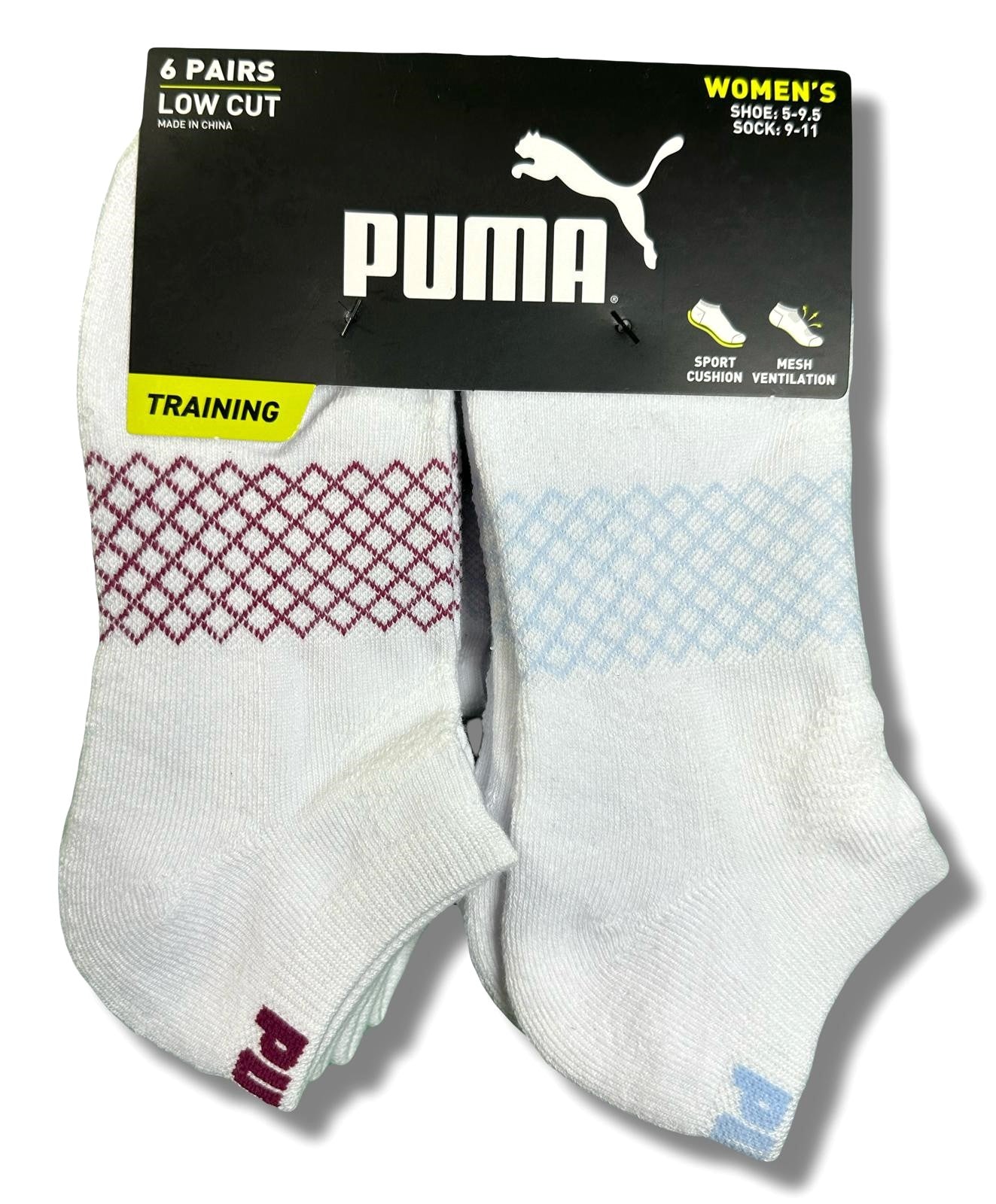 PUMA SOCKS WOMEN'S - LOW CUT 263 - NET - WHITE WINE - SHOE SZ 5-9.5 -PACK 6