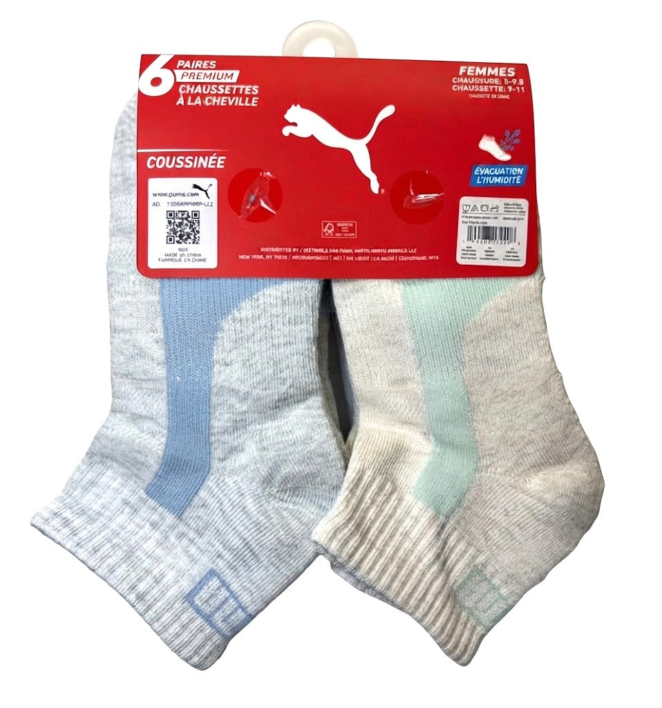 PUMA SOCKS WOMEN'S - QUARTER 263 - PIPE WHITE PINK - SHOE SZ 5-9.5 - PACK 6