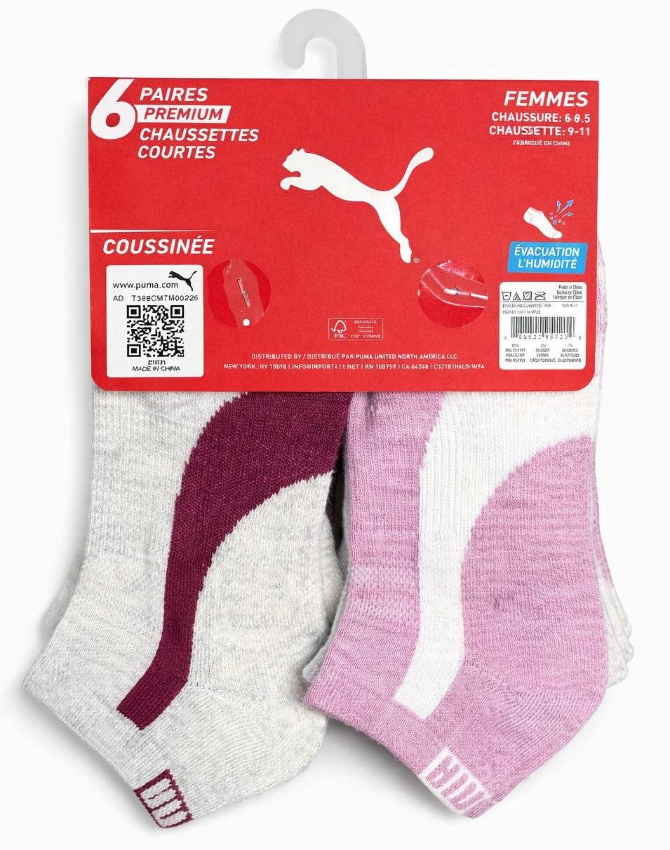 PUMA SOCKS WOMEN'S - LOW CUT 263 - PIPE GREY PINK CREAM - SHOE SZ 5-9.5 - PACK 6