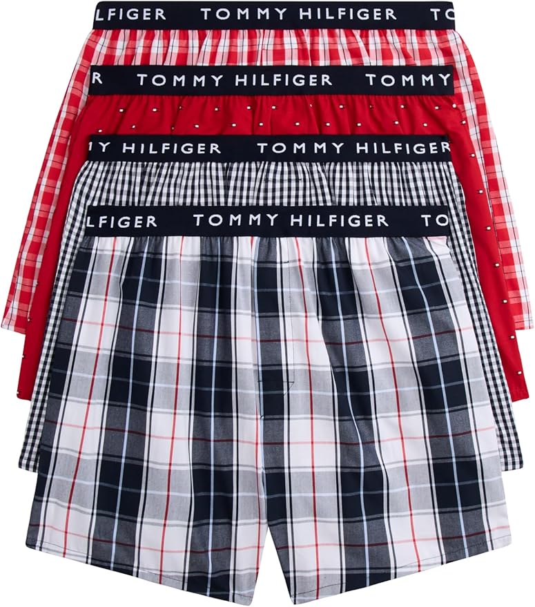 TOMMY HILFIGER MEN X4 - 263 RED FLAME - MEDIUM 4 PACK WOVEN BOXER UNDERWEAR