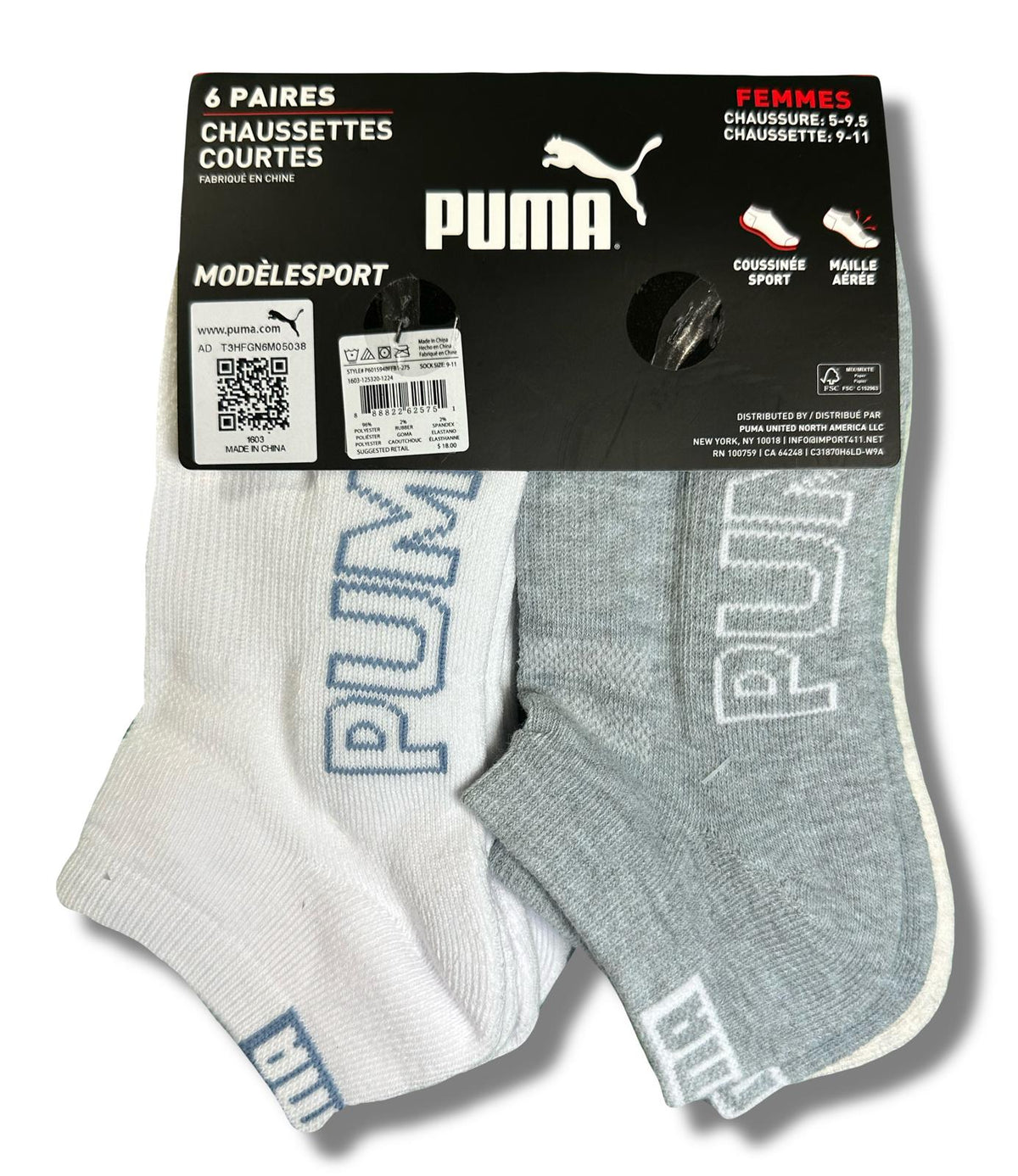 PUMA SOCKS WOMEN'S - LOW CUT 253 - SLATE VANILLA GREY - SHOE SZ 5-9.5 -PACK 6