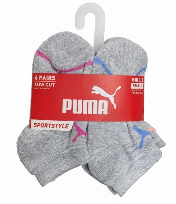 PUMA SOCKS GIRLS X6 - LOW CUT 263 - GREY PINK BLUE - SMALL 6 PACK SHOE 4-8.5