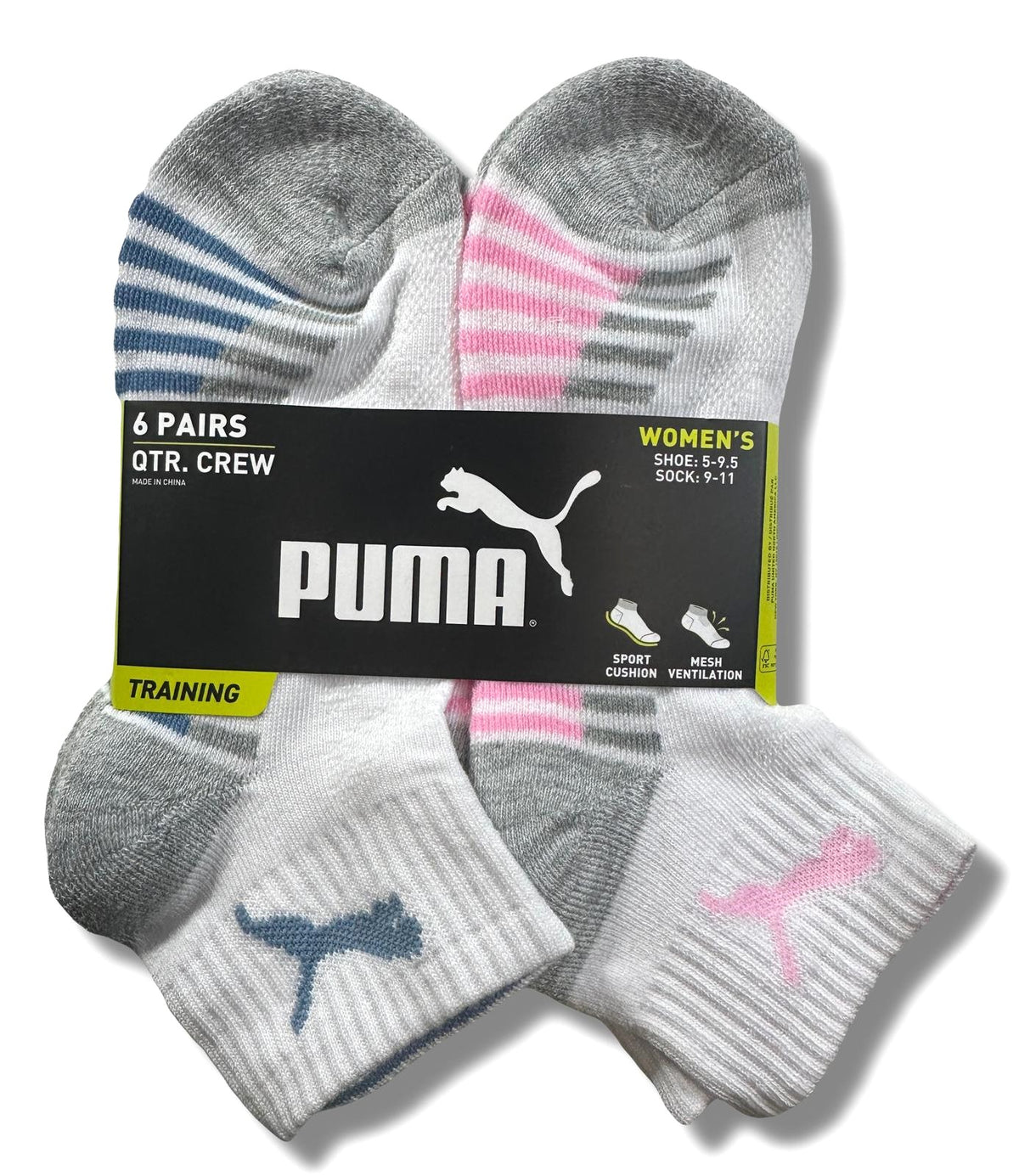 PUMA SOCKS WOMEN'S - QUARTER 243 - BLISS BLUE PINK - SHOE SZ 5-9.5 PACK 6
