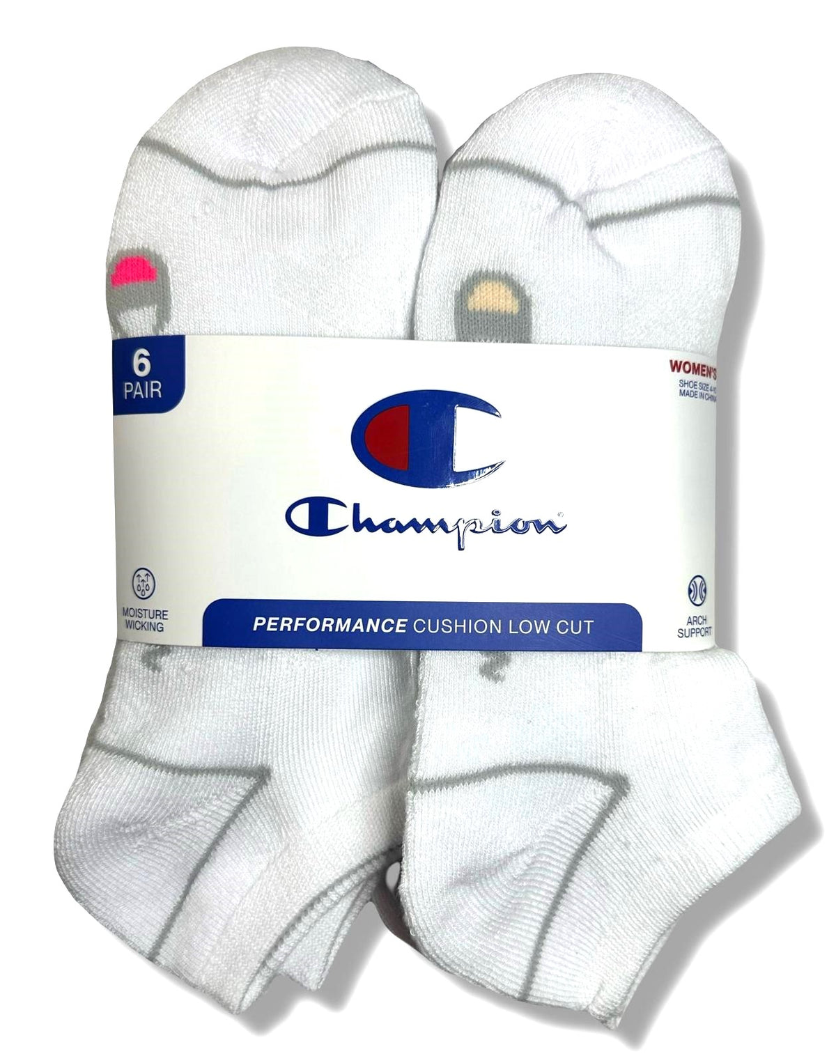 CHAMPION SOCKS WOMEN'S - LOW CUT - 253 WHITE GREY - SHOE SZ 5-9 PACK 6