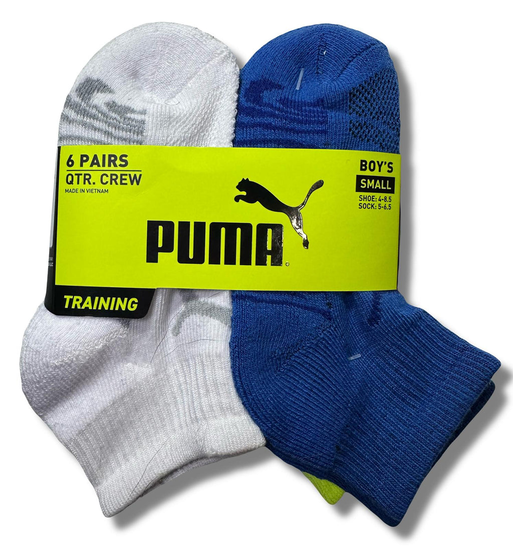 PUMA SOCKS BOYS X6 - QUARTER 243 DECO - BLUE SZ SMALL - SHOE SZ 4-8.5 - 6 PACK