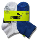 PUMA SOCKS BOYS X6 - QUARTER 243 DECO - BLUE SZ SMALL - SHOE SZ 4-8.5 - 6 PACK