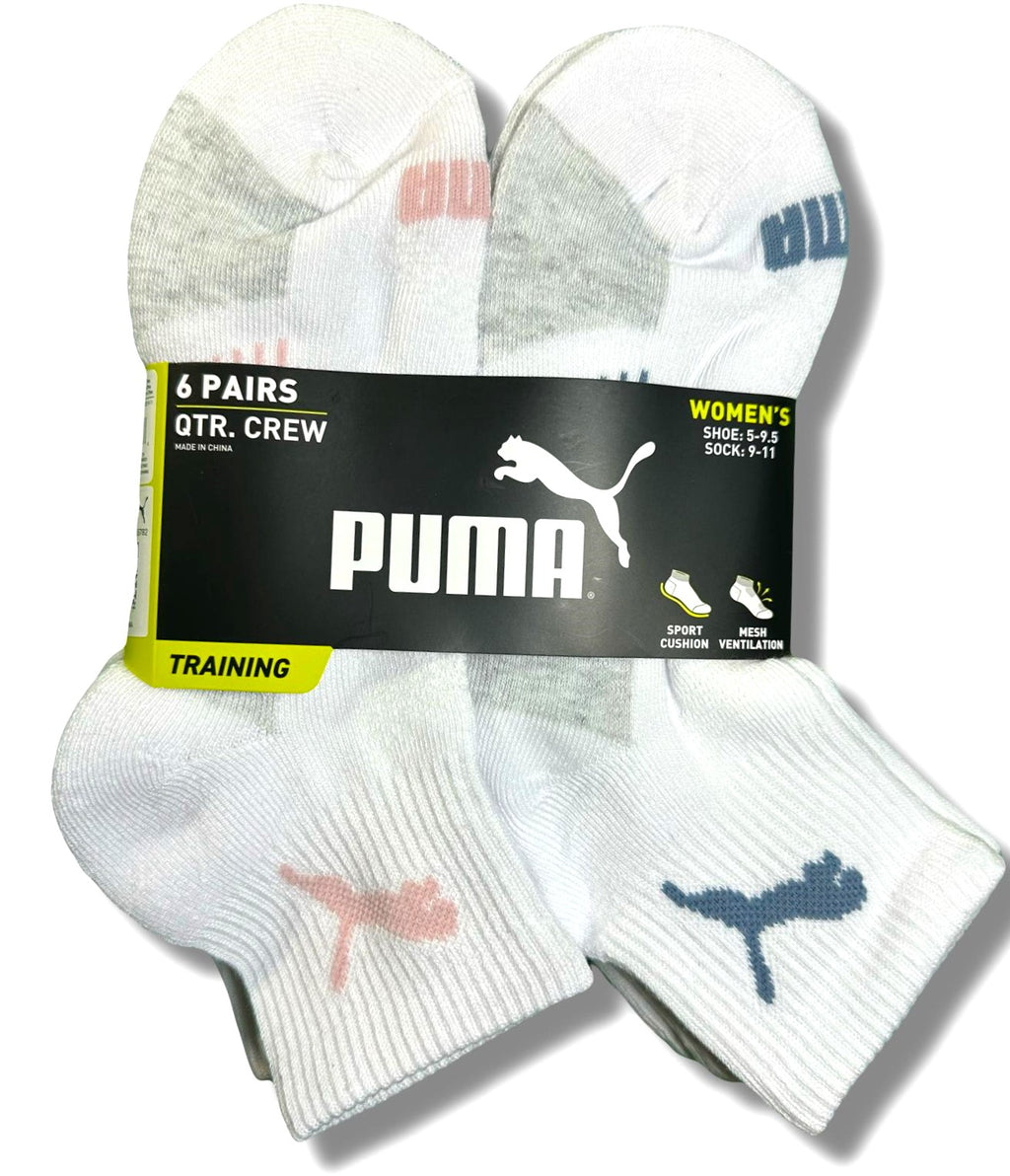 PUMA SOCKS WOMEN'S - QUARTER 263 - EVEN WHITE PINK - SHOE SZ 5-9.5 - PACK 6