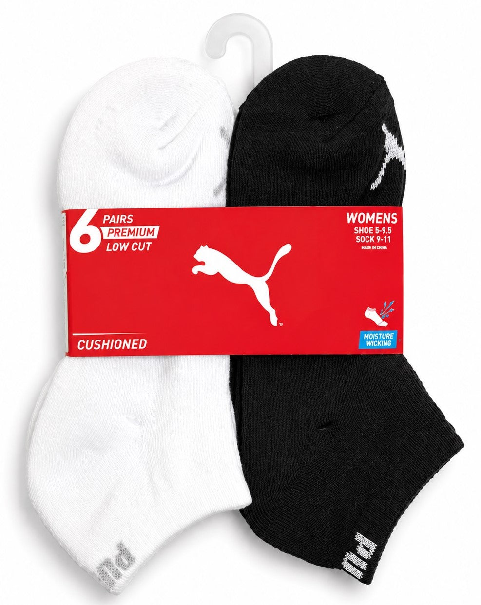 PUMA SOCKS WOMEN'S - LOW CUT 263 - FERN WHITE BLACK - SHOE SZ 5-9.5 -PACK 6