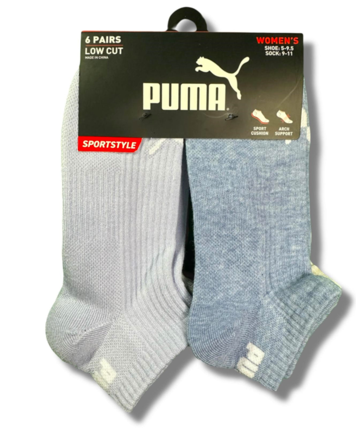 PUMA SOCKS WOMEN'S - LOW CUT 253 - RIBBED LIGHT BLUE - SHOE SZ 5-9.5 -PACK 6