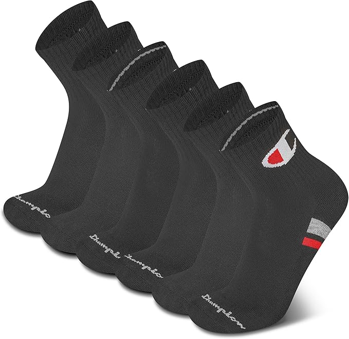 CHAMPION SOCKS MEN'S - HIGH QUARTER - LOGO 253 - BLACK - LARGE (6-12) PACK 6 XX