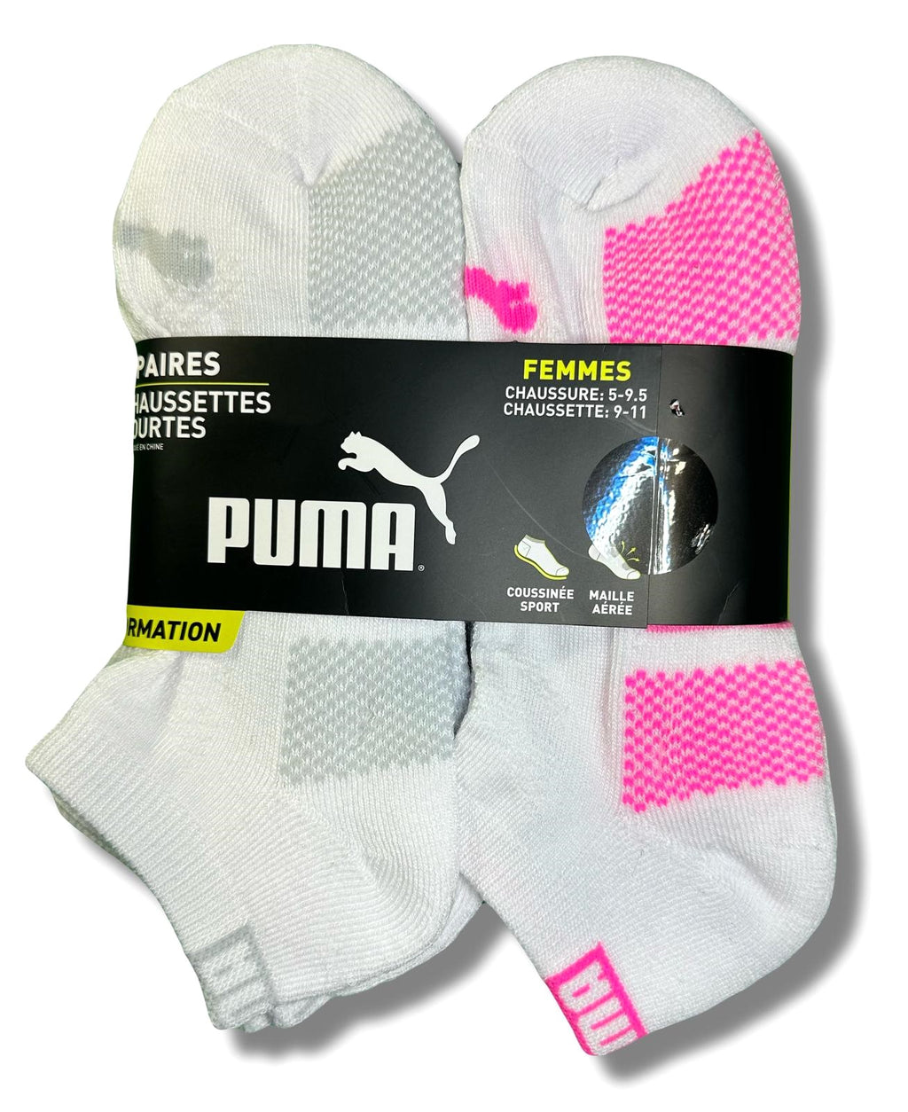 PUMA SOCKS WOMEN'S - LOW CUT 253 - KIRO WHITE BLUE PINK - SHOE SZ 5-9.5 - PACK 6