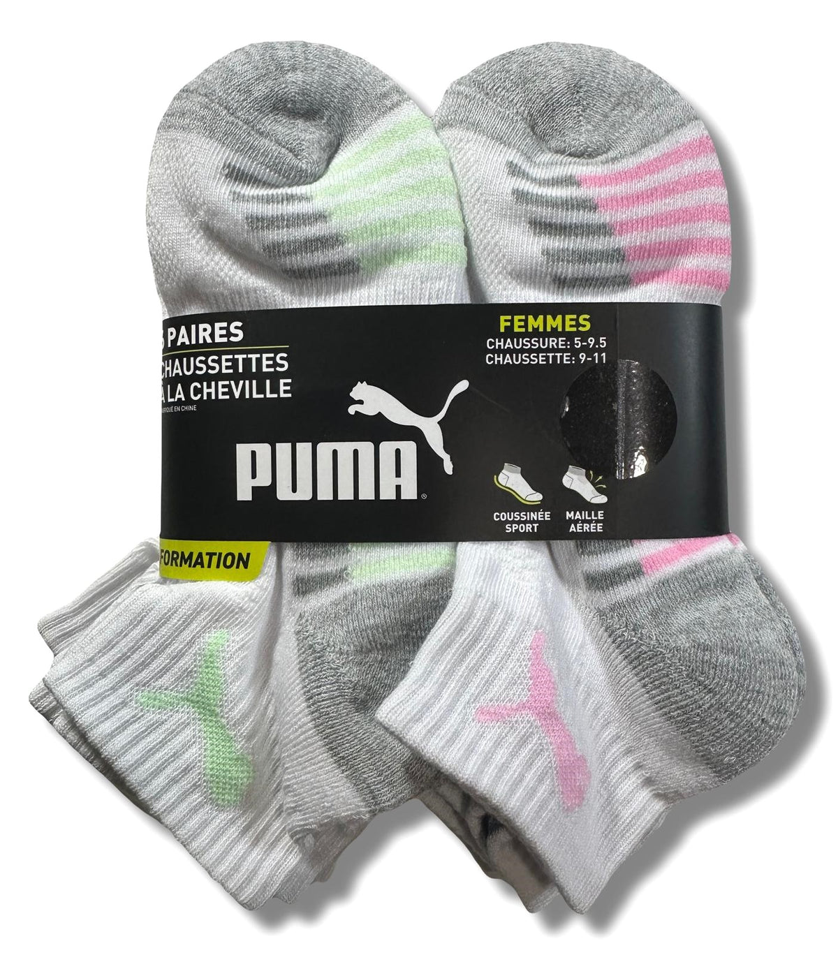 PUMA SOCKS WOMEN'S - QUARTER 243 - BLISS BLUE PINK - SHOE SZ 5-9.5 PACK 6