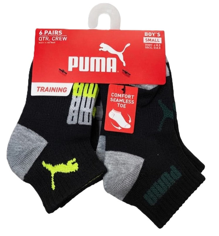 PUMA SOCKS BOYS X6 - QUARTER 263 - BILLY BLACK YELLOW SZ SMALL 4-8.5 - 6 PACK