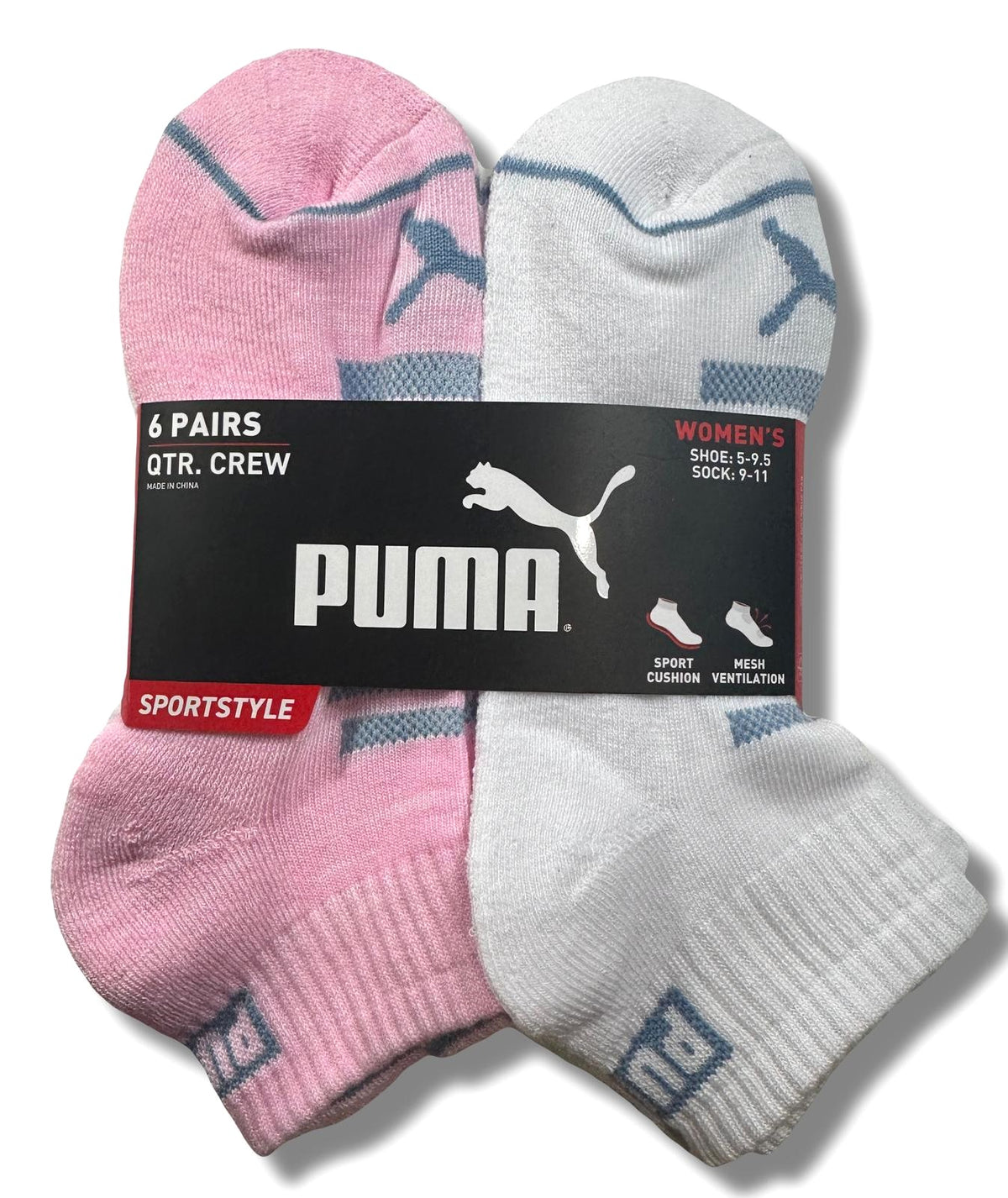 PUMA SOCKS WOMEN'S - QUARTER 243 - GLEE PINK BLUE - SHOE SZ 5-9.5 - PACK 6