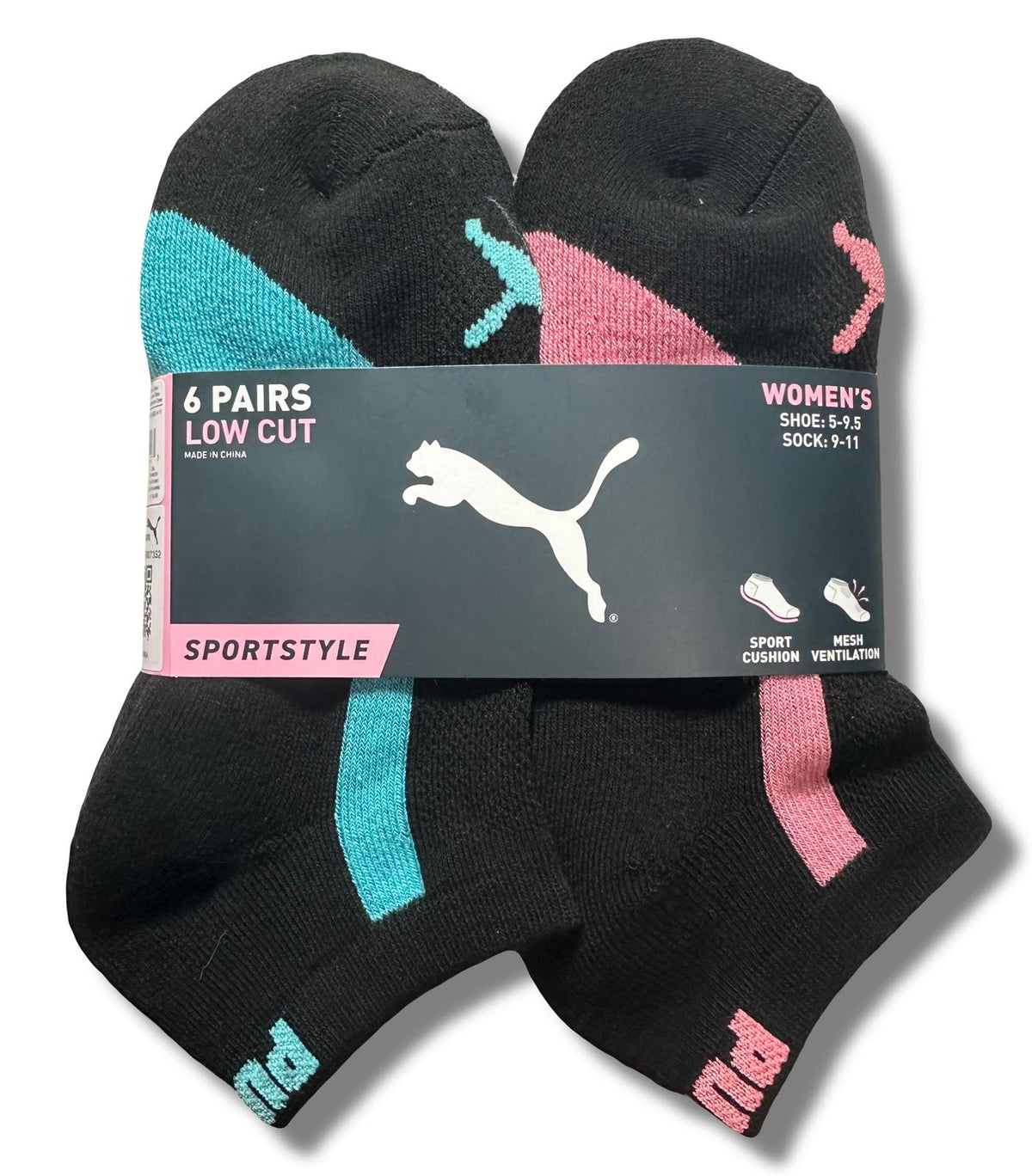 PUMA SOCKS WOMEN'S - LOW CUT 243 - PIPE BLACK - SHOE SZ 5-9.5 - PACK 6