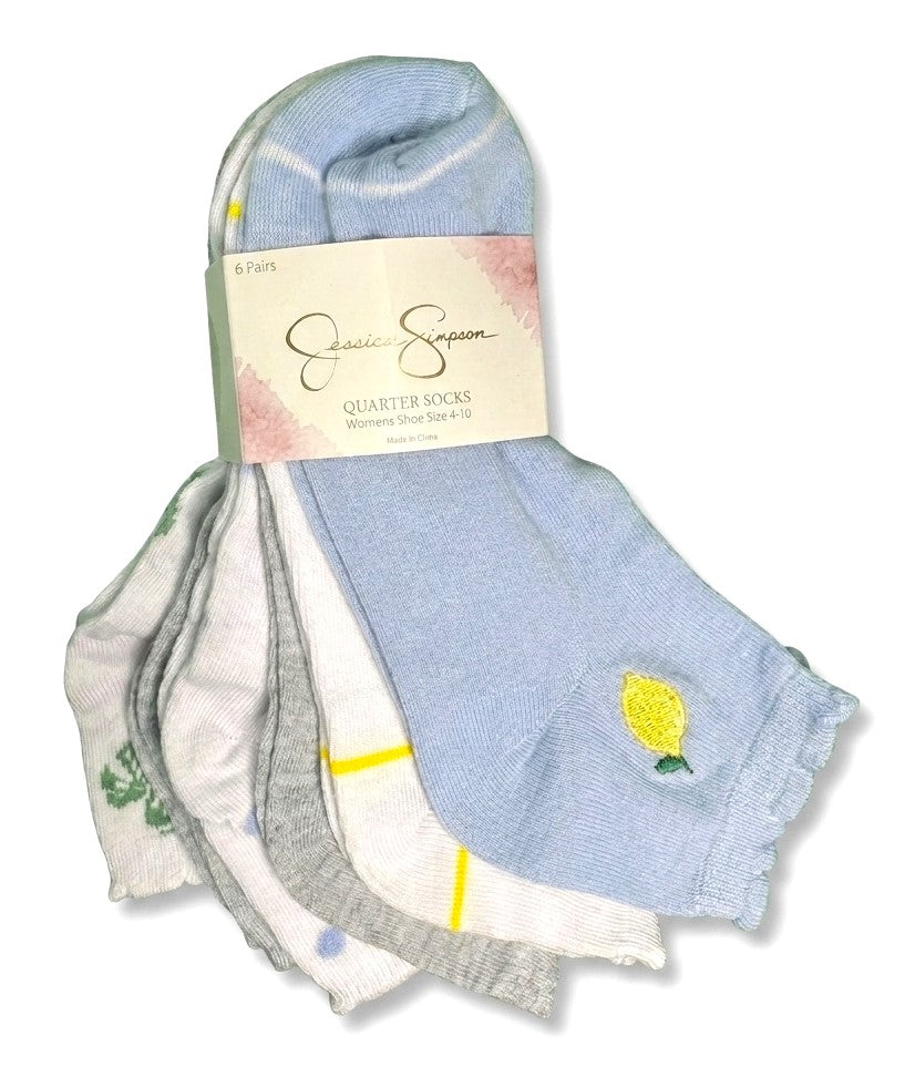 JESSICA SIMPSON SOCKS WOMEN'S - QUARTER 263 - LEMON BLUE - SHOE SZ 4-10 - PACK 6