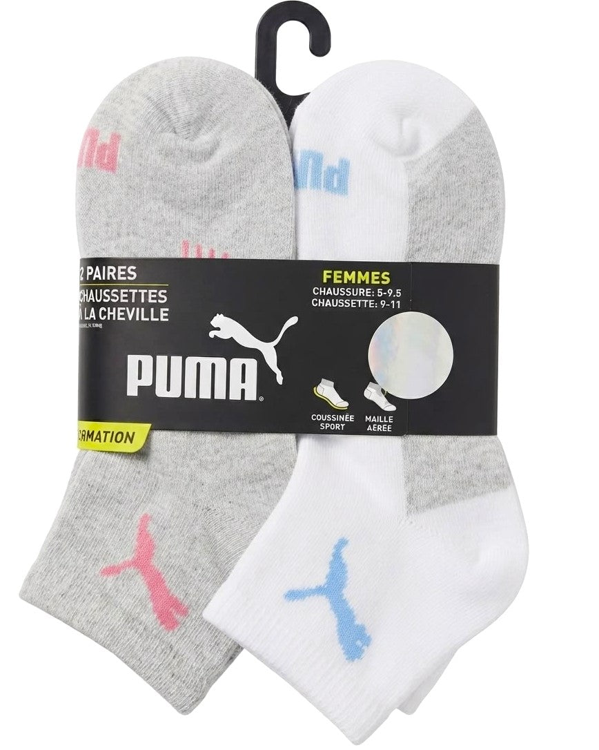 PUMA SOCKS WOMEN'S - QUARTER - EVEN 263 - WHITE GREY - SHOE SZ 5-9.5 - PACK 6