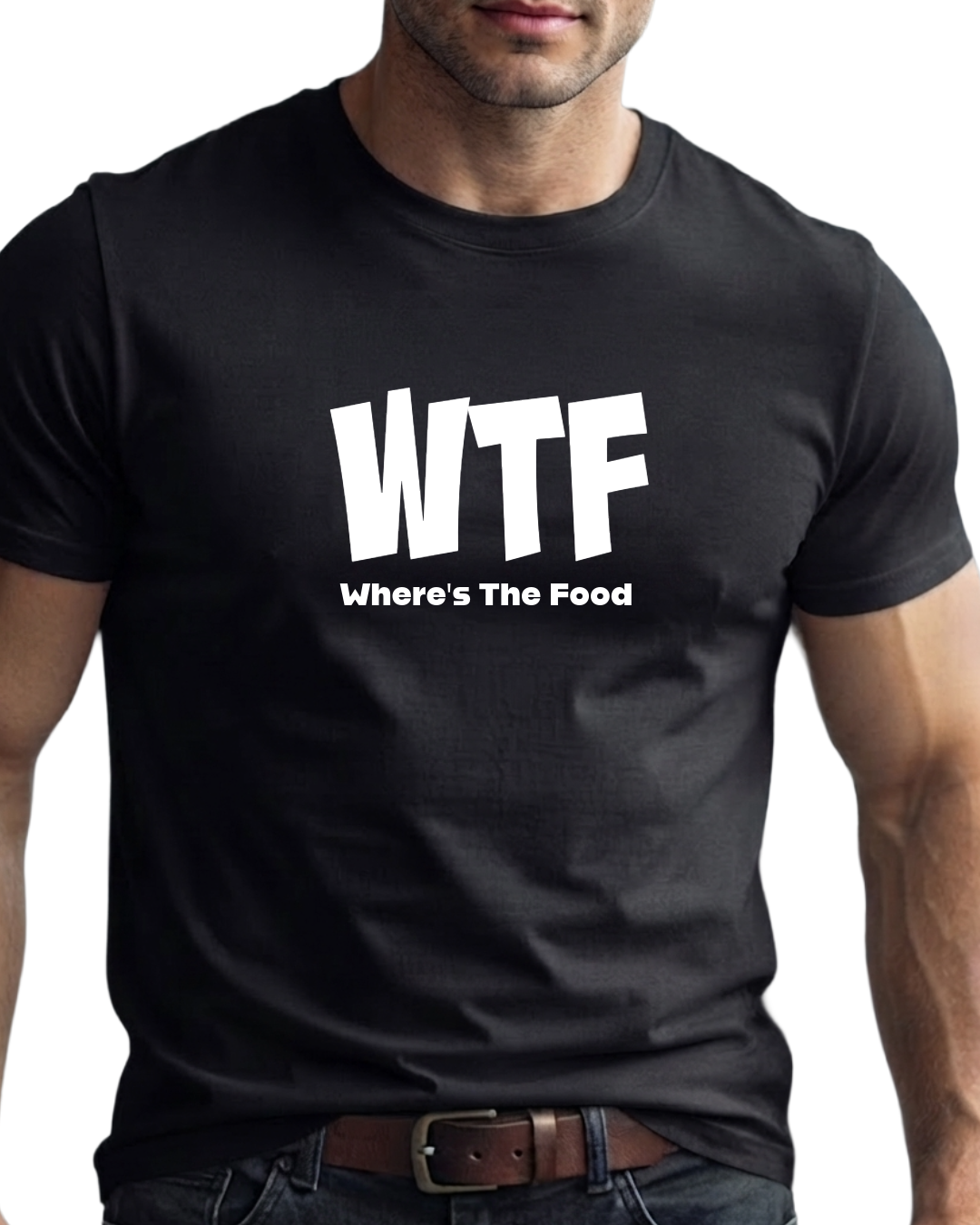 A man wearing a black short-sleeve t-shirt with bold white text that reads 'WTF' and 'Where's The Food' underneath, shown against a plain white background.