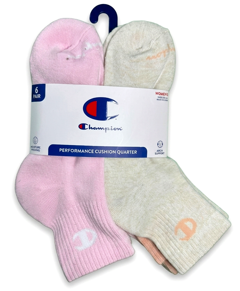 CHAMPION SOCKS WOMEN'S - QUARTER 263 - PINK SAND - LARGE (6-12) PACK 6